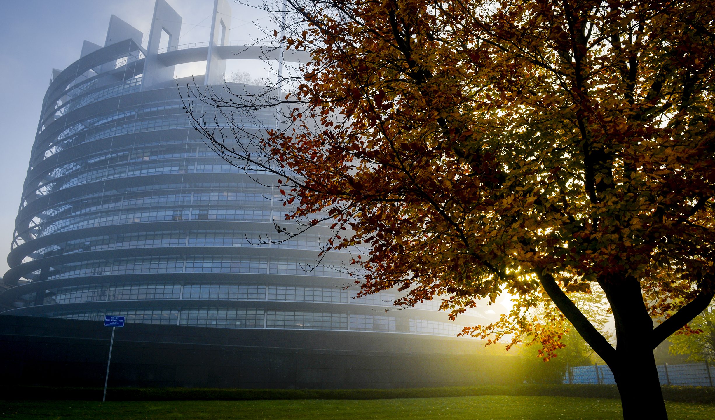 European Parliament building in the fog in Strasbourg